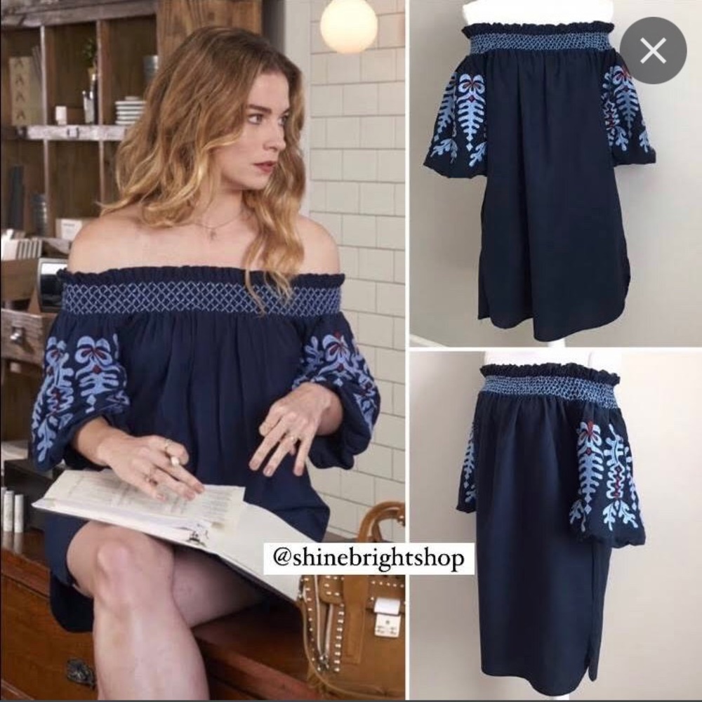 Zara navy blue embroidered off the shoulder dress size XS